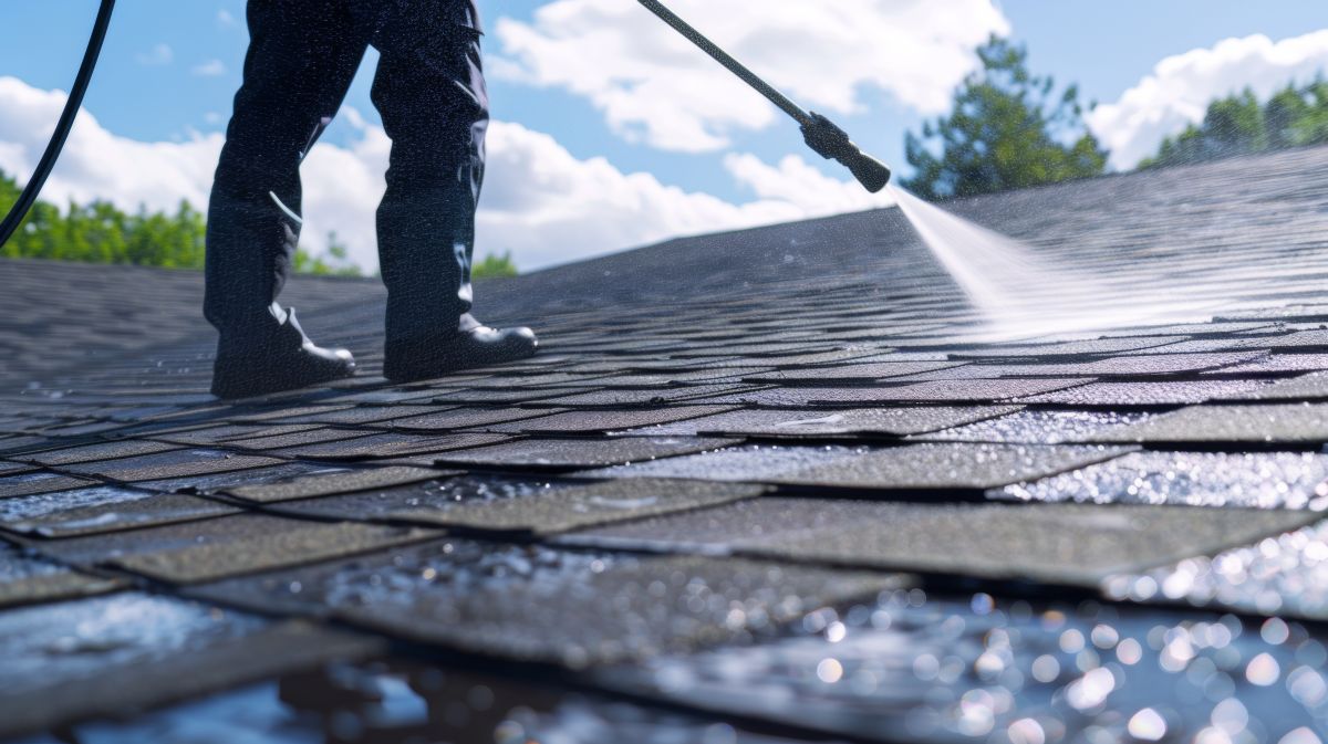 Man spraying a roof with a hose
